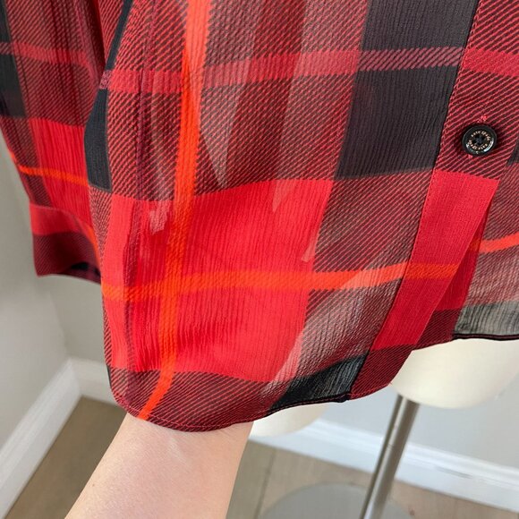Kate Spade Womens 4 Ruffle Woodland Red Black Plaid Chiffon Blouse 100% Silk Top - Picture 9 of 12
